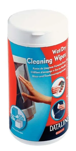 ESSELTE BOTE DE 50 TOALLITAS SECAS Y 50 TOALLITAS HUMEDAS PARA PANTALLAS, SUPERFICIES PLASTICAS, IMPRESORAS, TECLADOS, TELEFONOS Y EQUIPOS DE OFICINA