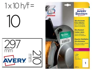 ETIQUETA ADHESIVA AVERY POLITILENO BLANCO PERMANENTE PARA LASER FOTOCOPIADORA 210X297 MM BLISTER 10