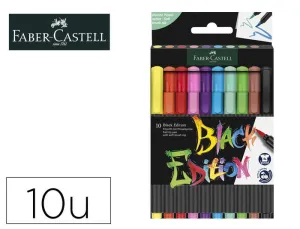 FABER-CASTELL BLACK EDITION PACK DE 10 ROTULADORES PUNTA PINCEL - TINTA A BASE DE COLORANTES ALIMENTARIOS - COLORES SURTIDOS