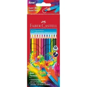 FABER-CASTELL SUPER MINE ERGONOMICS PACK DE 12 LAPICES DE COLORES TRIANGULARES ERGONOMICOS - MINA DE 4MM - RESISTENCIA A LA ROTURA - COLORES SURTIDOS