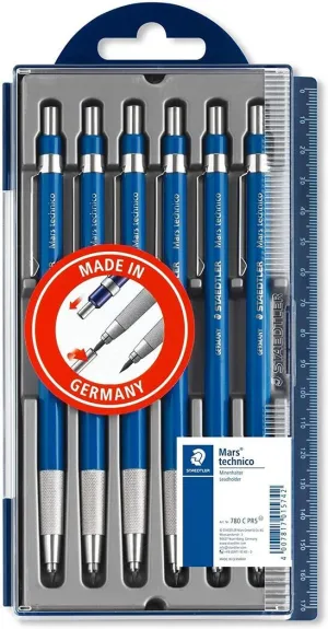STAEDTLER MARS TECHNICO 780 PACK DE 6 PORTAMINAS TECNICOS - MINA DE 2MM - ZONA DE AGARRE HECHA EN METAL - SACAPUNTAS INTEGRADO EN EL MANGO