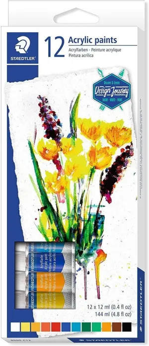 STAEDTLER 8500 PACK DE 12 TUBOS DE PINTURA ACRILICA - FACIL DE MEZCLAR - PARA AMPLIA VARIEDAD DE SUPERFICIES - COLORES SURTIDOS