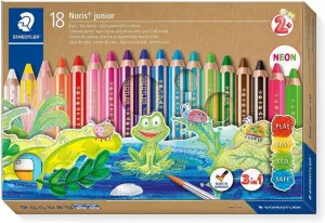 STAEDTLER NORIS JUNIOR PACK DE 18 LAPICES DE COLORES EXTRAGRUESOS + SACAPUNTAS + PINCEL - 3 EN 1, LAPIZ, CERA Y ACUARELABLE - COLORES SURTIDOS