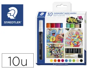 STAEDTLER LUMOCOLOR 349 PACK CON 10 MARCADORES ACRILICOS PERMANENTES - TRAZO 2.4 MM APROX. - TINTA BASE DE AGUA - COLORES SURTIDOS
