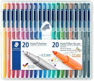 STAEDTLER TRIPLUS PACK DE 20 ROTULADORES DE PUNTA FINA 0.3MM + 20 ROTULADORES DE PUNTA FIBRA 1MM - CAPUCHON CON CLIP - COLORES SURTIDOS
