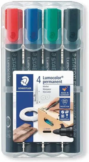 STAEDTLER LUMOCOLOR 352 PACK DE 4 MARCADORES PERMANENTES - SECADO RAPIDO - PRACTICO ESTUCHE DE SOBREMESA - COLORES ROJO, AZUL, VERDE Y NEGRO