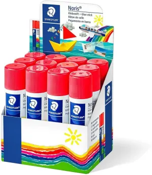 STAEDTLER NORIS EXPOSITOR DE 12 BARRAS DE PEGAMENTO 20GR - SIN DISOLVENTES - USO ESCOLAR - PEGA PAPEL, CARTULINA, TEJIDO ETC