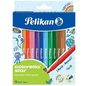 PELIKAN COLORELLA STAR PACK DE 12 ROTULADORES DE COLORES - PUNTA FINA - TINTA LAVABLE - AGARRE ERGONOMICO - COLORES VIVOS SURTIDOS