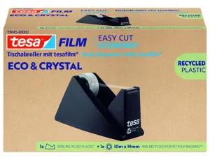 TESA TESAFILM ECO & CRYSTAL EASY CUT PORTARROLLOS DE SOBREMESA + CINTA ADHESIVA FABRICADA CON 90% DE BOTELLAS PET RECICLADAS - COLOR NEGRO