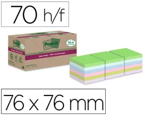 BLOC DE NOTAS ADHESIVAS QUITA Y PON POST-IT SUPER STICKY 76X76 MM 70 HOJAS RECICLADAS PAQUETE DE 14 UNIDADES