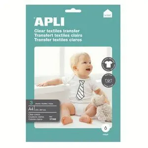 APLI PACK DE 3 HOJAS DE PAPEL TRANSFER PARA IMPRESORAS INKJET - IDEAL PARA PRENDAS BLANCAS Y 100% ALGODON - FACIL APLICACION Y LAVADO EN AGUA FRIA
