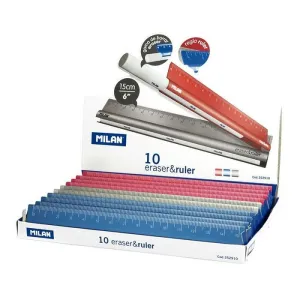 MILAN ERASER & RULER EXPOSITOR DE 10 REGLAS + GOMA EN EL INTERIOR DE LA REGLA - LONGITUD 15CM - METAL TOUCH - COLORES SURTIDOS