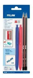 MILAN P1 TOUCH PACK DE 2 BOLIGRAFOS + 2 LAPICES + GOMA 430 + SACAPUNTAS - TINTA AZUL Y ROJA - DUREZAS HB Y H - COLORES SURTIDOS