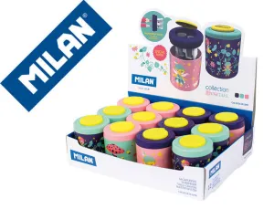 MILAN FAIRY TALE EXPOSITOR CON 12 SACAPUNTAS DOBLE - REGULAR Y MAXI - DEPOSITO INTEGRADO - CUCHILLA DE ACERO DE SEGURIDAD - COLORES SURTIDOS