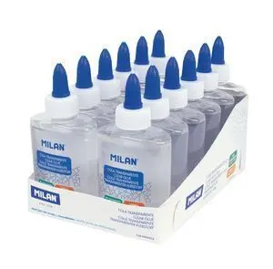 MILAN EXPOSITOR CON 12 BOTES DE COLA TRANSPARENTE 118GR - LAVABLE Y SIN DISOLVENTES - IDEAL PARA USO ESCOLAR Y MANUALIDADES