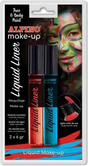 ALPINO MAKE-UP LIQUID LINER PACK CON 2 BOTES DE MAQUILLAJE LIQUIDO CON APLICADOR - SE LAVA CON AGUA - TESTADO DERMATOLOGICAMENTE - COLORES AZUL Y ROJO