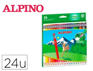 ALPINO PACK CON 24 LAPICES DE COLORES HEXAGONALES BORRABLES - MINA DE 3MM - GOMA DE BORRAR DEL MISMO COLOR - RESISTENTE A LA ROTURA - COLORES SURTIDOS