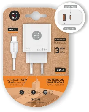 TECHONETECH CARGADOR DE PARED GAN PD 3.0 65W - PARA PORTATILES Y SMARTPHONES - CABLE USB-C A USB-C 1M