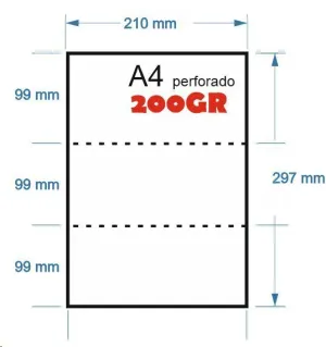 PAPEL 250H 200GR A-4 PERFORADO EN 3 PARTES 9,9MMX210MM PARA RECIBOS BANCARIOS IMPRESORA LASER